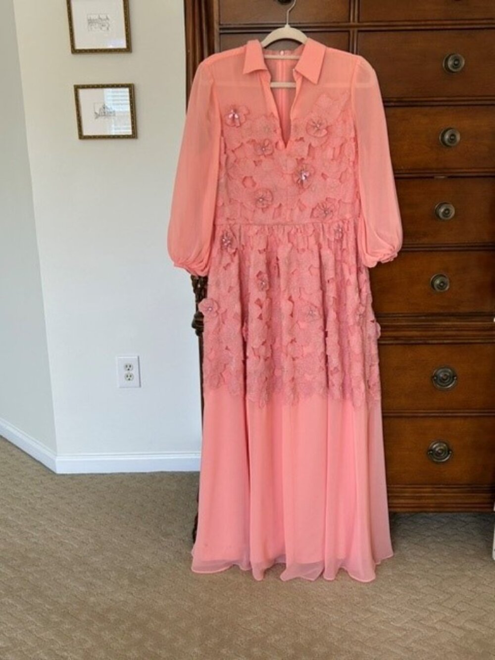Badgley Mischka Blouson sleeve floral lace georgette gown, coral